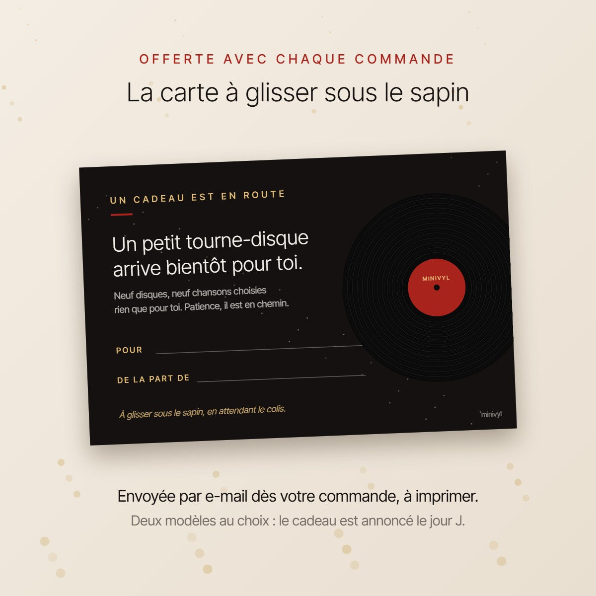 La carte à glisser sous le sapin, offerte avec chaque commande et envoyée par e-mail
