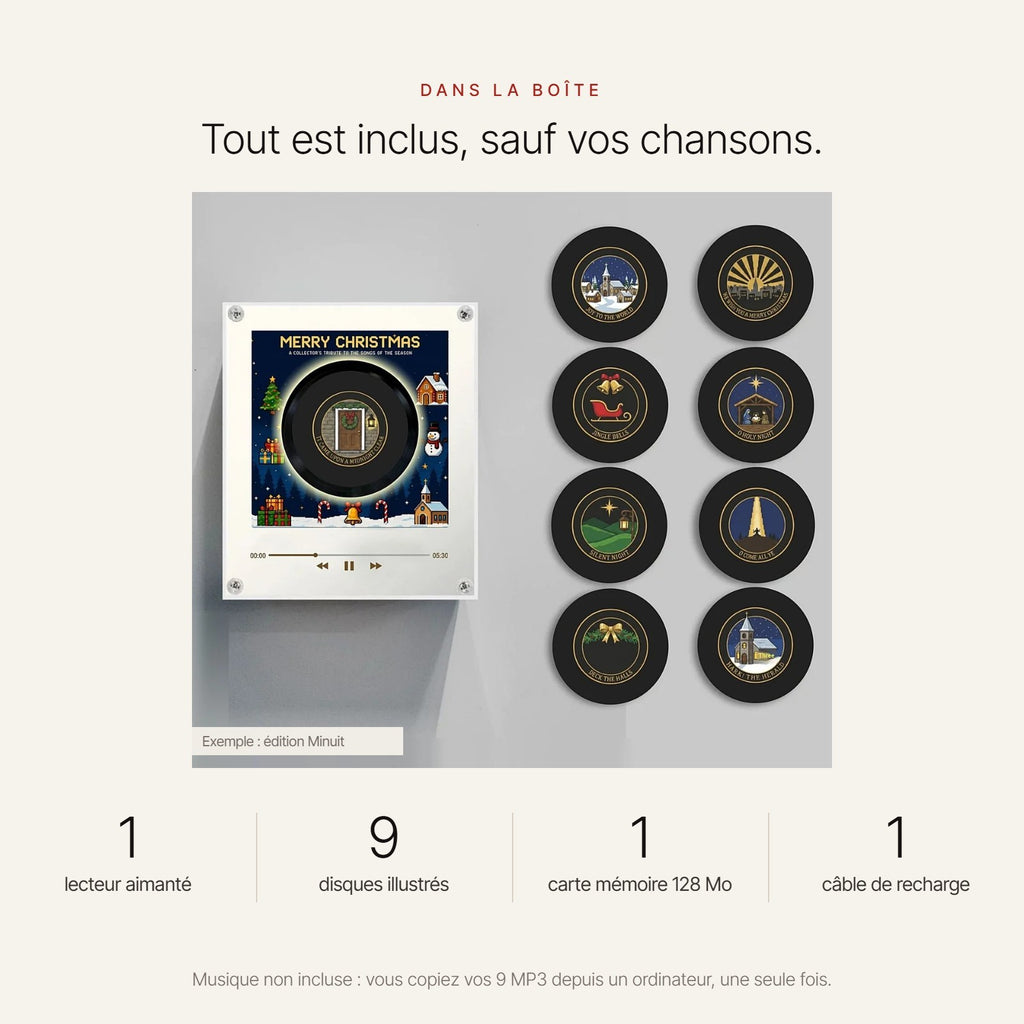 Dans la boîte : 1 lecteur aimanté, 9 disques illustrés, 1 carte mémoire 128 Mo, 1 câble de recharge