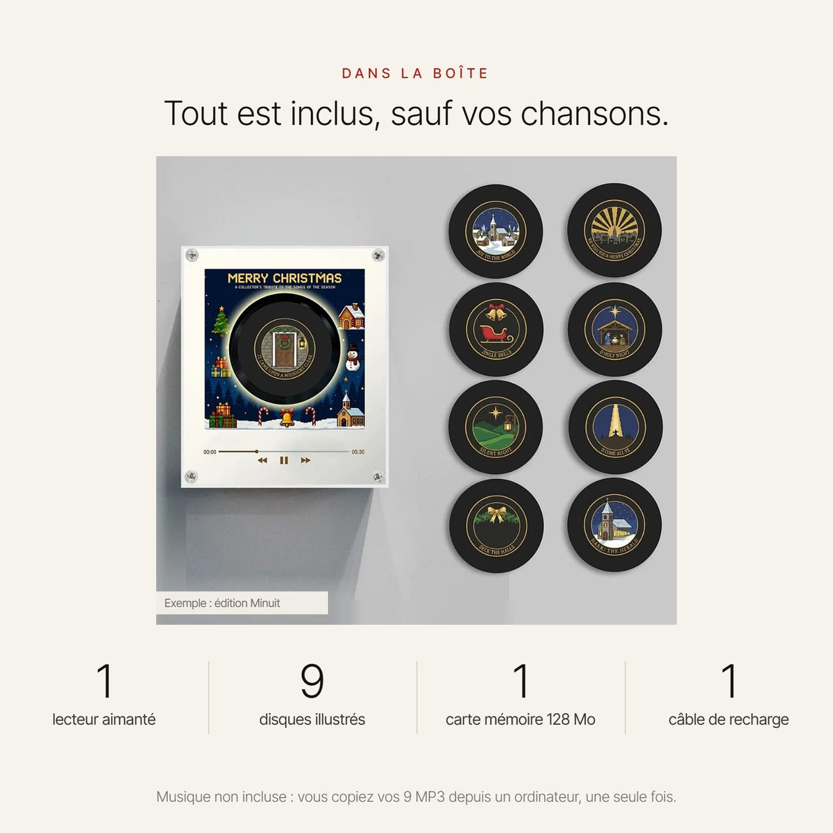 Dans la boîte : 1 lecteur aimanté, 9 disques illustrés, 1 carte mémoire 128 Mo, 1 câble de recharge