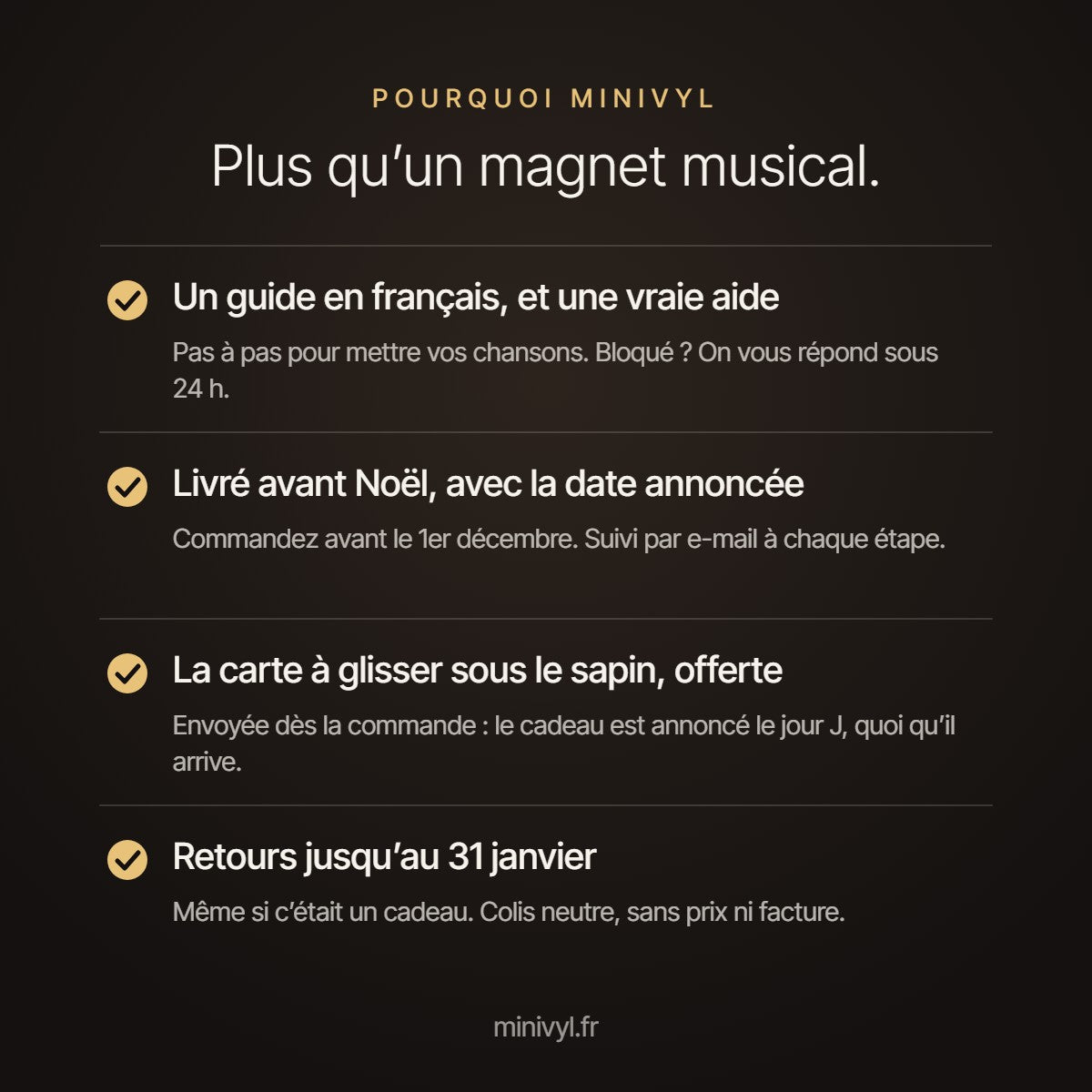 Pourquoi Minivyl : guide en français, livré avant Noël, carte offerte, retours jusqu'au 31 janvier
